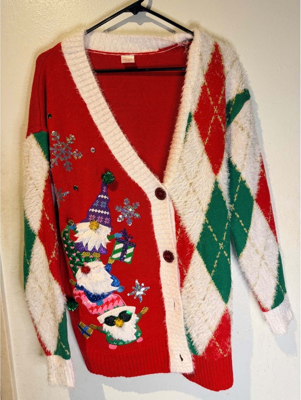 Holiday Time Women's Small (4-6) Christmas Cardigan Sweater with Gnome and Snowy